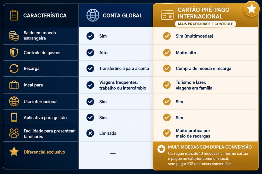 Tabela comparativa conta-global x cartão pré-pago internacional