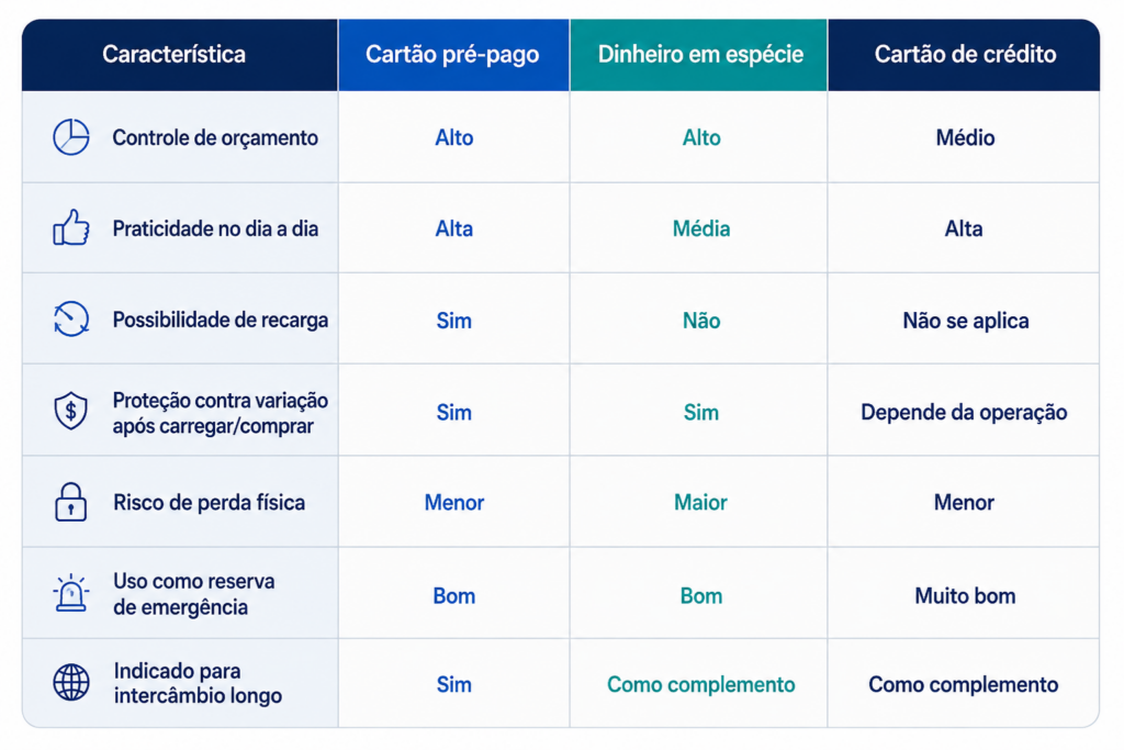 Tabela comparativa entre cartão-pré-pago, moeda em espécie e cartão de crédito
